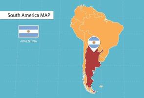 Argentina map in America, icons showing Argentina location and flags. vector