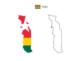 Togo map city vector divided by outline simplicity style. Have 2 versions, black thin line version and color of country flag version. Both map were on the white background.