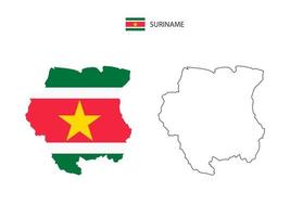 Suriname map city vector divided by outline simplicity style. Have 2 versions, black thin line version and color of country flag version. Both map were on the white background.