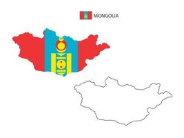 Mongolia map city vector divided by outline simplicity style. Have 2 versions, black thin line version and color of country flag version. Both map were on the white background.