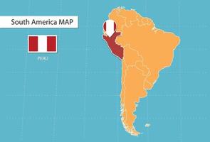 mapa de Perú en América, íconos que muestran la ubicación de Perú y banderas. vector