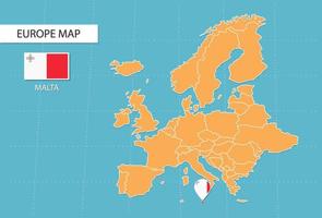 mapa de malta en europa, íconos que muestran la ubicación de malta y banderas. vector