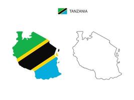 vector de ciudad de mapa de tanzania dividido por estilo de simplicidad de contorno. tiene 2 versiones, versión de línea delgada negra y versión de color de bandera de país. ambos mapas estaban en el fondo blanco.