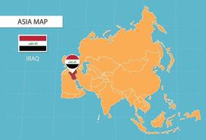 mapa de irak en asia, íconos que muestran la ubicación de irak y banderas. vector