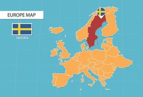 mapa de suecia en europa, íconos que muestran la ubicación y las banderas de suecia. vector