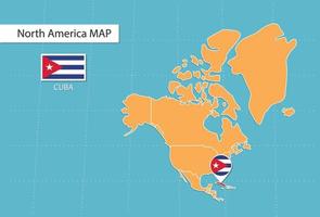 mapa de cuba en américa, íconos que muestran la ubicación de cuba y banderas. vector