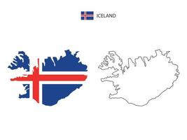 vector de ciudad de mapa de islandia dividido por estilo de simplicidad de contorno. tiene 2 versiones, versión de línea delgada negra y versión de color de bandera de país. ambos mapas estaban en el fondo blanco.