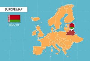 mapa de bielorrusia en europa, iconos que muestran la ubicación y las banderas de bielorrusia. vector