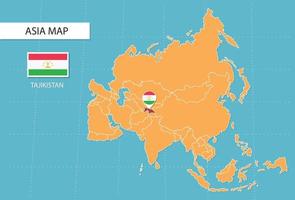 Tajikistan map in Asia, icons showing Tajikistan location and flags.