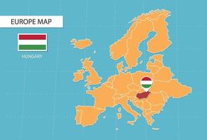 Hungary map in Europe, icons showing Hungary location and flags. vector