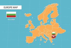 mapa de bulgaria en europa, íconos que muestran la ubicación y banderas de bulgaria. vector