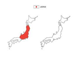 Japan map city vector divided by outline simplicity style. Have 2 versions, black thin line version and color of country flag version. Both map were on the white background.