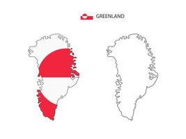 Greenland map city vector divided by outline simplicity style. Have 2 versions, black thin line version and color of country flag version. Both map were on the white background.