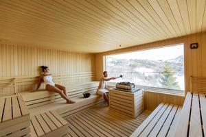 Young couple relaxing in the sauna and watching winter forest through the window photo