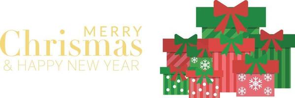 feliz navidad y próspero año nuevo vacaciones de tarjetas de felicitación con un conjunto de regalo rojo y verde con fondo de cinta vector