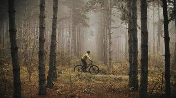 Young man biking through autumn forest photo