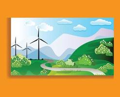 Wind farm in green fields among trees. Ecology environmental background for presentations, websites, and infographics. vector