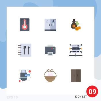 Mobile Interface Flat Color Set of 9 Pictograms of network machine coins printed printer Editable Vector Design Elements