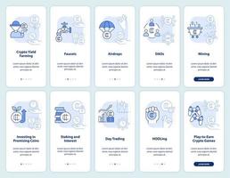 Making money on crypto light blue onboarding mobile app screen set vector