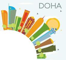 horizonte de doha con edificios de color, cielo azul y espacio de copia. vector