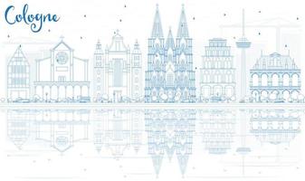 Outline Cologne Skyline with Blue Buildings and Reflections. vector