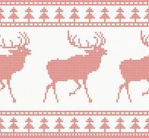 Knitted Deer Seamless Pattern in Red Color. vector