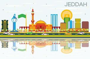 Jeddah Skyline with Color Buildings, Blue Sky and Reflections. vector