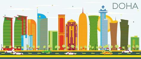 Doha Skyline with Color Buildings and Blue Sky. vector