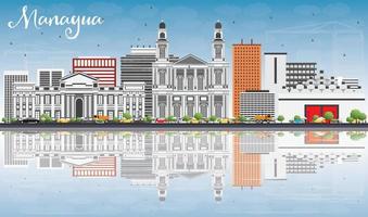 Managua Skyline with Gray Buildings, Blue Sky and Reflections. vector