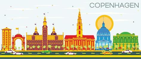 Copenhagen Skyline with Color Landmarks and Blue Sky. vector