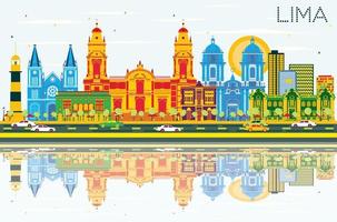 Lima Skyline with Color Buildings, Blue Sky and Reflections. vector