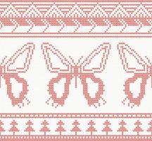 Knitted Butterfly Seamless Pattern in Red Color. vector
