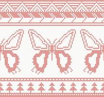 Knitted Butterfly Seamless Pattern in Red Color. vector