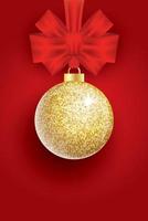 Christmas Golden Glitter Christmas Ball and Red Bow on Red Background. vector