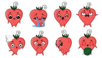 Emoji set of stickers red strawberry. Vector illustration in the style of flat.