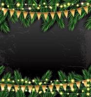 Empty Christmas Template with Fir Branches, Neon Garlands and Flags. vector