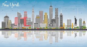 New York USA Skyline with Gray Buildings, Blue Sky and Reflections. vector