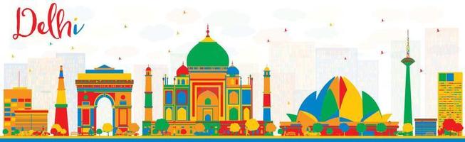 Delhi India Skyline with Color Buildings. vector