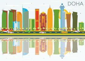 Doha Skyline with Color Buildings, Blue Sky and Reflections. vector