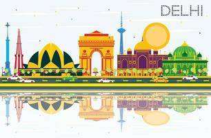 Delhi India Skyline with Color Buildings, Blue Sky and Reflections. vector