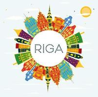 horizonte de riga con edificios de color, cielo azul y espacio de copia. vector