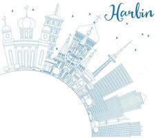 Outline Harbin Skyline with Blue Buildings and Copy Space. vector