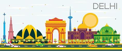 Delhi India Skyline with Color Buildings and Blue Sky. vector