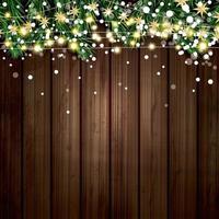 Fir Branch with Neon Lights and Snowflakes on Wooden Background. vector