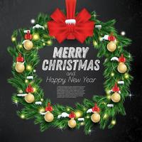 Christmas Wreath with Green Fir Branch, Light Garland and Red Bow on Chalkboard Background. vector