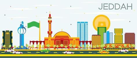 Jeddah Skyline with Color Buildings and Blue Sky. vector