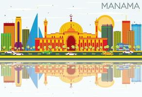 Manama Skyline with Color Buildings, Blue Sky and Reflections. vector