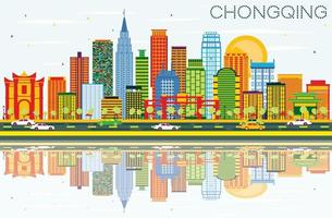 Chongqing Skyline with Color Buildings, Blue Sky and Reflections. vector