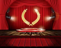 telón de escenario rojo con focos, asientos y corona de laurel dorada. vector