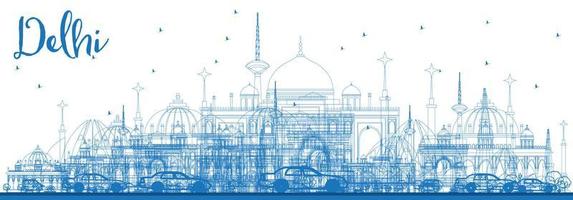 Outline Delhi Skyline with Blue Buildings. vector